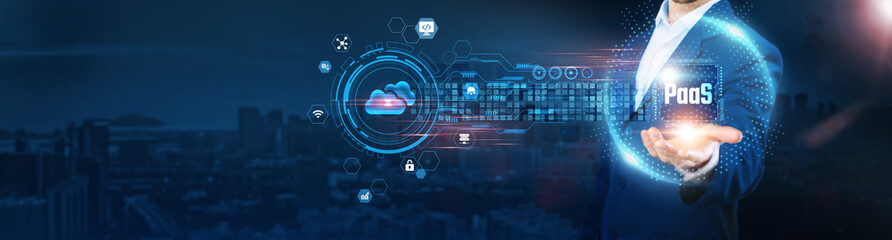 PaaS (Platform as a Service): Businessman holding icon and data exchanges representing secure connection on city background, application development, scalability, integration, and cloud solutions.