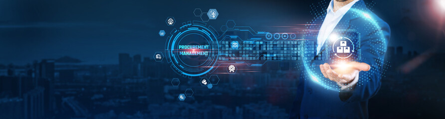 Procurement Management: Businessman holding procurement icon and data exchanges representing seamless connection on city background, supplier collaboration, cost optimization, contract management.