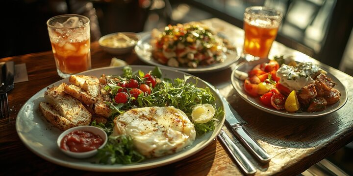 Indulge in an upscale brunch experience elegant  gourmet dishes soft morning light wide-angle view artful garnishes