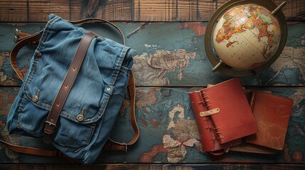 Vintage travel setup with denim backpack, globe, and leather journals on a rustic wooden background, flat lay travel essentials, adventurous lifestyle composition, exploration tools display