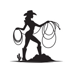 Cowgirl standing and holding lasso silhouette vector illustration