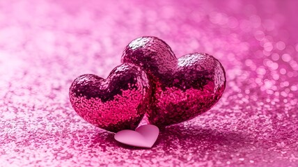 Obraz premium Valentine's Day Idea: Two Hearts on a Shiny Background with Pink Glitter