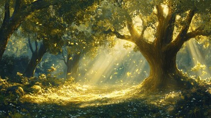 A magical forest where the sun creates golden rays through the trees and the green leaves shine as if covered with gold