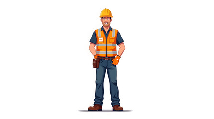 Confident construction worker standing with his arms crossed, wearing a bright orange safety vest and a hard hat. His attire includes protective gear such as work boots, tool belts, and a long-sleeved