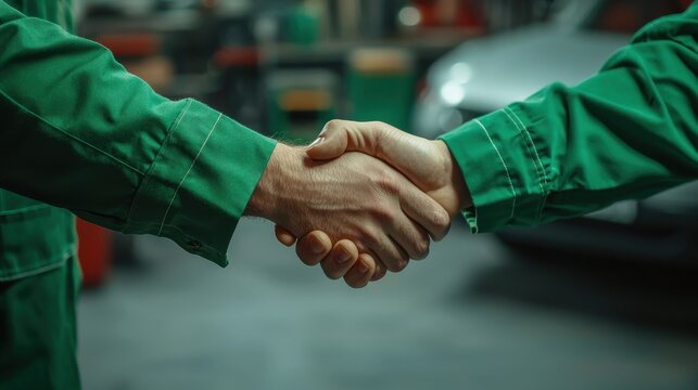 Two mechanics shaking hands in a garage vehicle tools in view closeup practical work environment