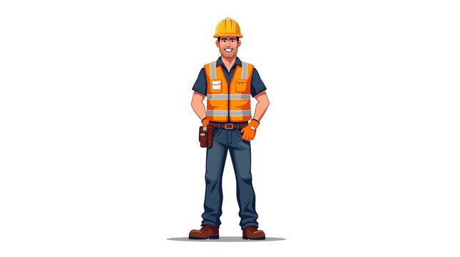 Confident construction worker standing with his arms crossed, wearing a bright orange safety vest and a hard hat. His attire includes protective gear such as work boots, tool belts, and a long-sleeved