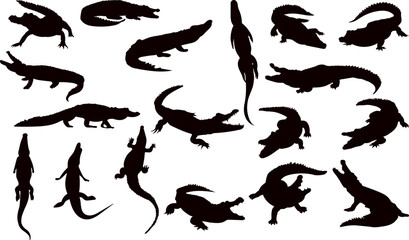 crocodiles collection, set black silhouette vector