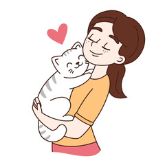 Young woman, girl holding, embracing a cat, cute simple cartoon illustration, vector drawing