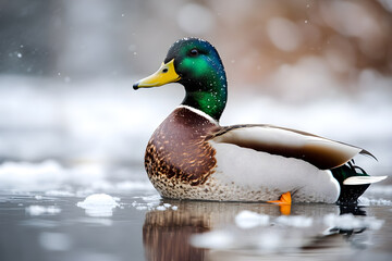Majestic Mallard: Serenity Amidst Snow-Covered Waters on a Winter Day