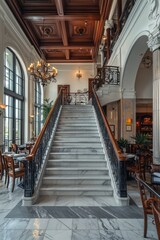 Obraz premium National Emblem Building lobby with marble stairs iron railings white walls gray tiles wooden handrail and indoor balcony