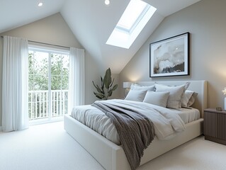 Master bedroom in a new bungalow light grey walls cream-colored carpet white drapes small balcony sloped ceiling with skylights uncluttered bed garden view