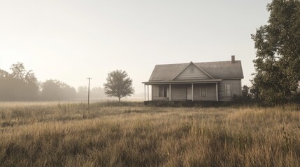 Obraz premium Foggy morning view of a rustic farmhouse in a field.