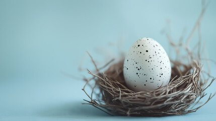 Obraz premium A serene Easter background with a twig nest and a single speckled egg on a soft powder blue surface