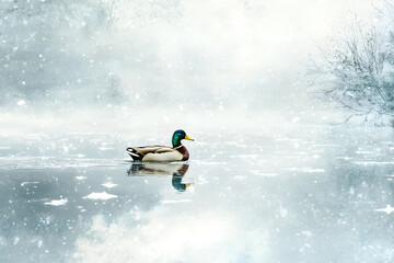 Naklejka premium Majestic Mallard: Serenity Amidst Snow-Covered Waters on a Winter Day