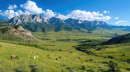 Fototapeta premium Cattle graze in mountain valley pasture, scenic landscape