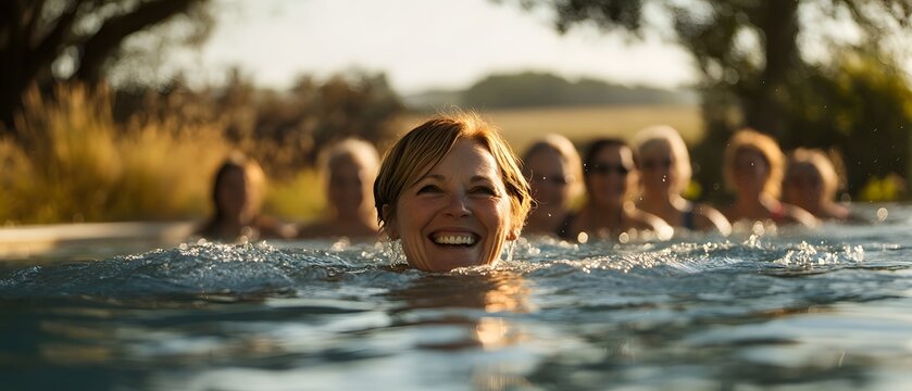 Joyful Senior Woman Swimming in Pool with Friends, Summer Outdoor Water Fun