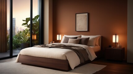 Obraz premium Modern bedroom, city view, evening ambiance, calm interior design, home decor