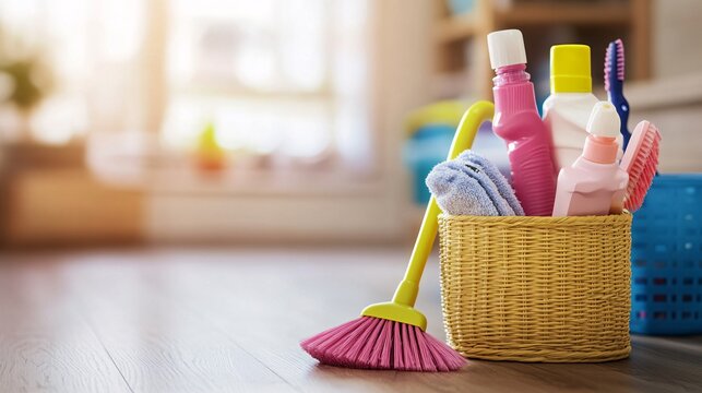 Cleaning supplies and products displayed in a basket on a wooden floor with a broom leaning close by
