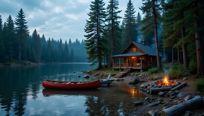 Cabin by a serene lake surrounded by pine trees with a glowing campfire