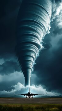 Airplane approaches runway as tornado looms in the ominous sky adding tension and dramatic intensity