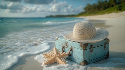 Tropical beach suitcase hat waves vacation