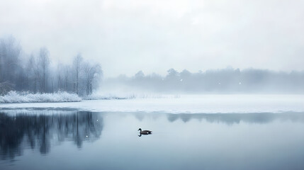 Fototapeta premium Majestic Mallard: Serenity Amidst Snow-Covered Waters on a Winter Day