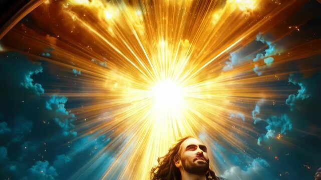 Resurrection&sbquo; Christ ascending into heaven&sbquo; dynamic composition&sbquo; bright celestial colors&sbquo; clouds. Jesus christ religious symbol.