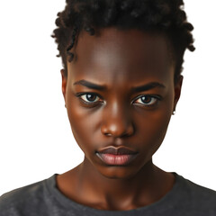 Sad young black African American woman isolated on transparent background