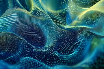 Abstract image of blue and green digital lines and dots symbolizing innovation and technology development