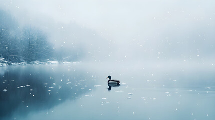 Fototapeta premium Majestic Mallard: Serenity Amidst Snow-Covered Waters on a Winter Day