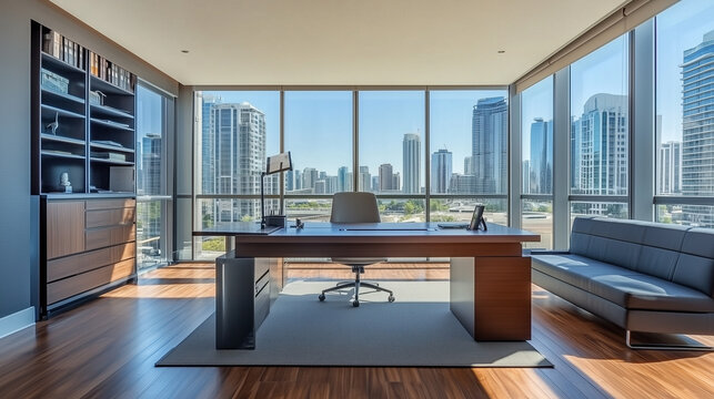 copy space, stockphoto, Modern executive, ceo office with desk and chair, large windows overlooking city view, wooden flooring, and clean minimalist design. Amazing office interior, mockup.