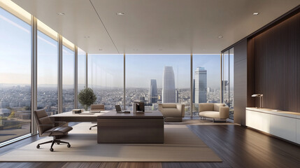 copy space, stockphoto, Modern executive, ceo office with desk and chair, large windows overlooking city view, wooden flooring, and clean minimalist design. Amazing office interior, mockup.
