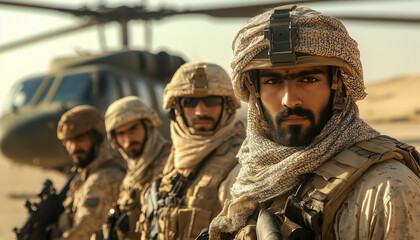 Fototapeta premium team of soldiers ready for mission after drop-off from helicopter