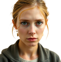 Sad young German woman isolated on transparent background