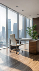 Fototapeta premium copy space, stockphoto, Modern executive, ceo office with desk and chair, large windows overlooking city view, wooden flooring, and clean minimalist design. Amazing office interior, mockup.