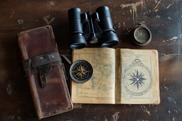 Vintage exploration tools with map, binoculars, and compass on wooden surface