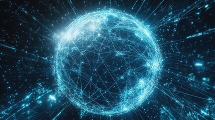Naklejka premium A Glowing Blue Digital Sphere Surrounded by Lines of Light