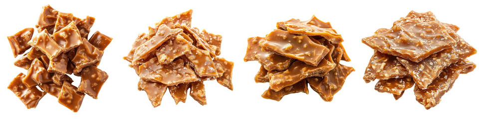 Toffee Brittle Pieces &ndash; Crunchy and sweet toffee brittle offering a satisfying snap with each bite. Isolated on Clear White Background Highly Detailed 