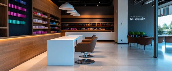 Modern hair salon interior, waiting area, shelves