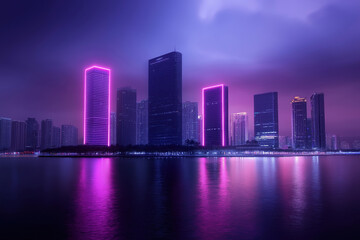 Fototapeta premium City skyline illuminated by vibrant pink lights during dusk over calm water