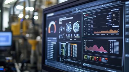 Obraz premium A closeup shot of a computer monitor showing a detailed dashboard with realtime analytics on equipment performance maintenance history and predictive maintenance alerts.