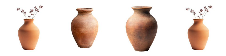 Terracotta Vase – A rustic terracotta vase with a matte finish perfect for holding flowers. Isolated on Clear White Background Highly Detailed