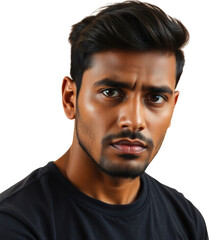 Fototapeta premium Sad Indian young man isolated on transparent background