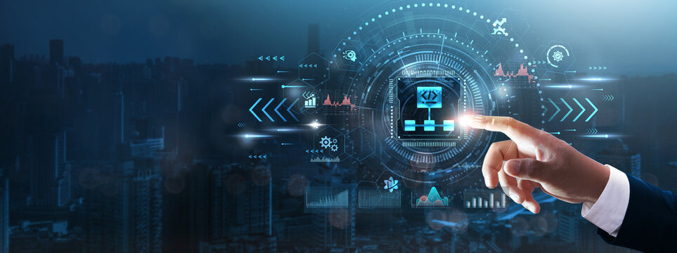 Algorithm Development: Businessman’s hand touching futuristic technological interface, data analysis, machine learning, predictive models, optimization business strategies, and technology concept. - Powered by Adobe