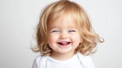 Naklejka premium Happy toddler girl laughing, studio portrait, white background, child healthcare