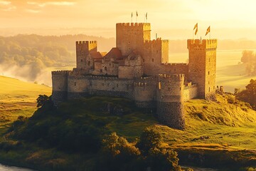 Fototapeta premium Majestic medieval castle standing on hill at golden sunrise