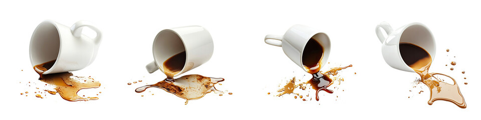 Spilled Cup of Coffee – A coffee cup that has tipped over leaving a dark stain on the surface. Isolated on Clear White Background Highly Detailed 