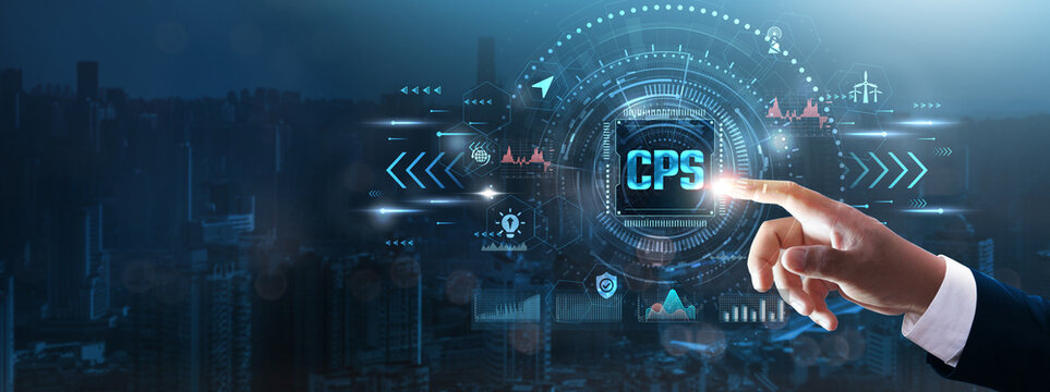 CPS: Businessman&rsquo;s hand touching futuristic technological interface, cyber-physical systems, automation, data integration, intelligent systems, and technology concept.