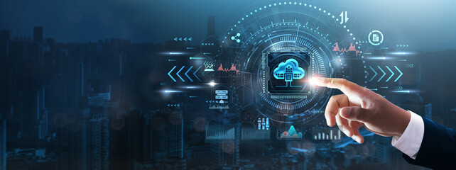 Data Science: Businessman’s hand touching futuristic technological interface, data analysis, machine learning, predictive modeling, artificial intelligence business solutions and technology concept.