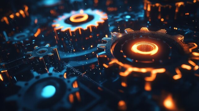 A luminous gear mechanism with each gear representing different aspects of entrepreneurship such as innovation risktaking and marketing working in harmony to drive economic activity.